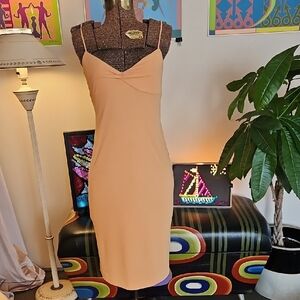 Vintage 1990s Nicole Miller NY Yellow Bodycon Midi Dress Sz 2P Spaghetti Strap